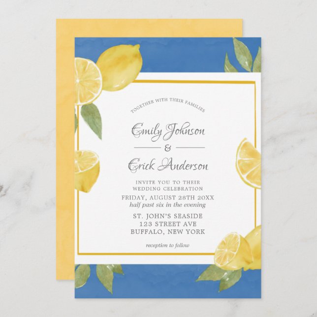 Convites Casamento Amarelo-Limões e Azul-Cerrado (Frente/Verso)