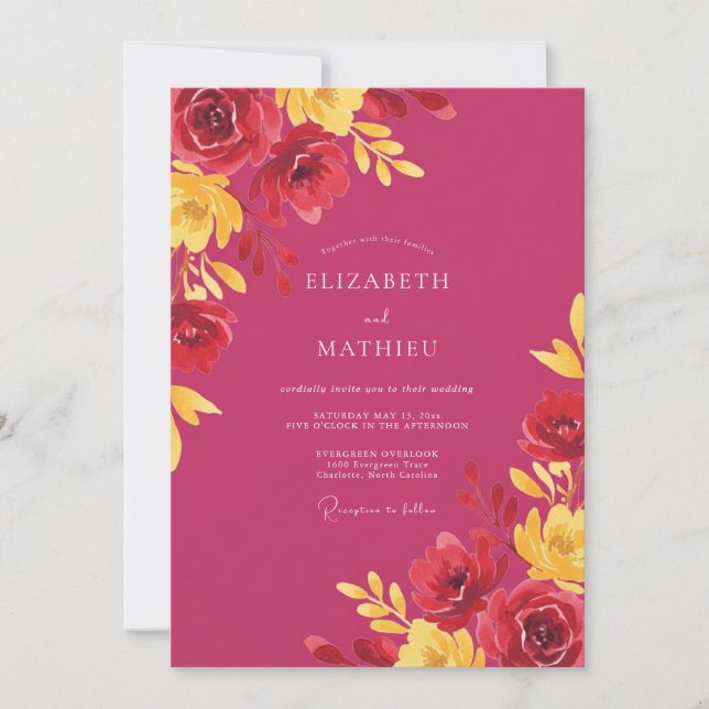 Convites Casamento Amarelo Papoula Magenta (Frente)