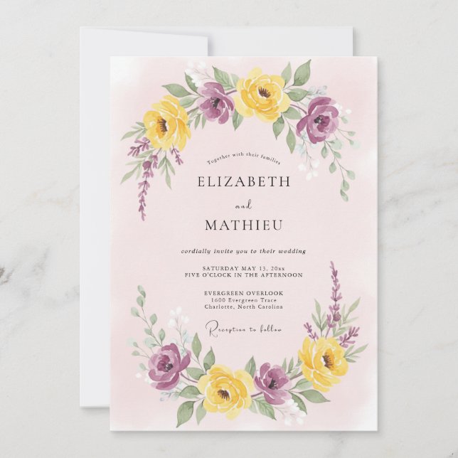 Convites Casamento Amarelo Roxo Brilhante de Primavera (Frente)