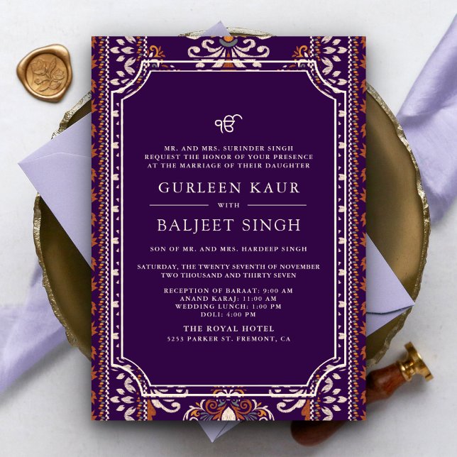 Convites Casamento Amarelo Roxo Escuro Anand Karaj Sikh (Criador carregado)