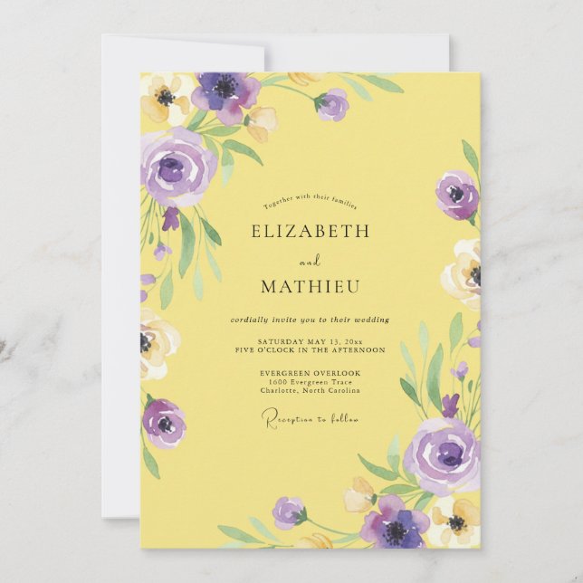 Convites Casamento Amarelo Roxo Ranunculus Eucalipto (Frente)