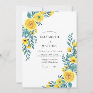 Convites Casamento Amarelo Teal Florescente de Primavera