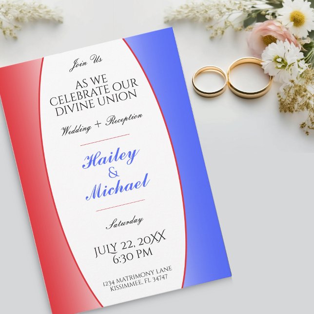 Convites Casamento Americano Patriótico Vermelho, Branco e  (Red, White & Blue Patriotic USA American Wedding Invitation)