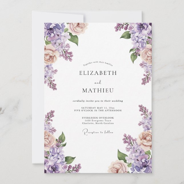 Convites Casamento Amethyst Peach Wisteria (Frente)