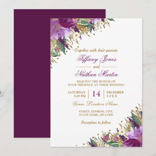 Convites Casamento Ametist com Aquarelas Florais (Frente/Verso)
