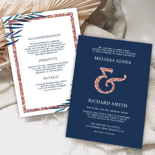 Convites Casamento Ampersand Rosa Dourado Folha Galho Azul