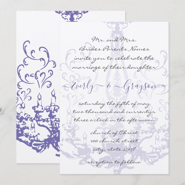 Convites Casamento Anterior de Chandelier com Lilac Roxo I (Frente/Verso)