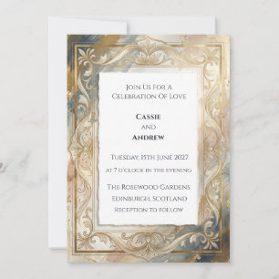 Convites Casamento Antigo Dourado Clássico com Trabalho de