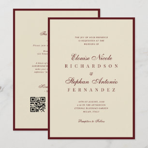 Convites Casamento Antigo Marfim Borgonha Código QR Dinheir