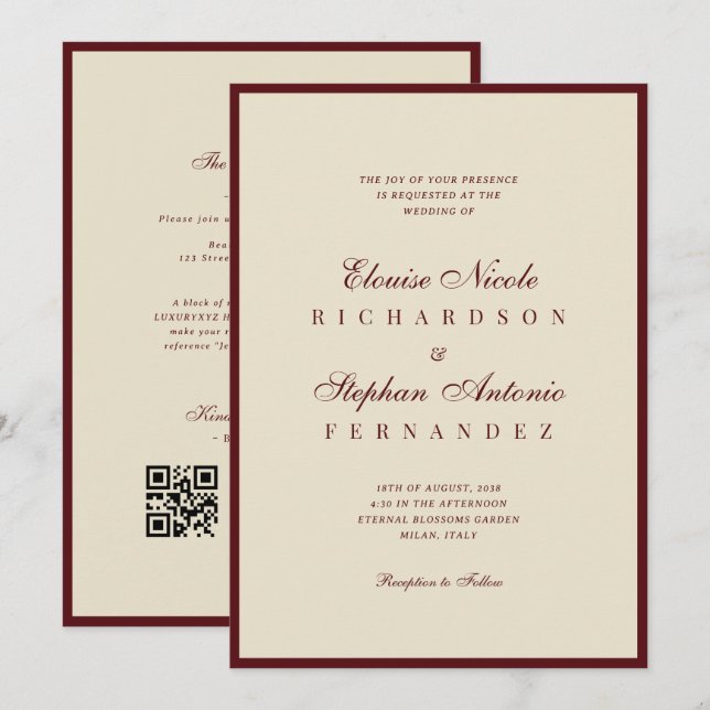 Convites Casamento Antigo Marfim Borgonha Código QR Dinheir (Frente/Verso)