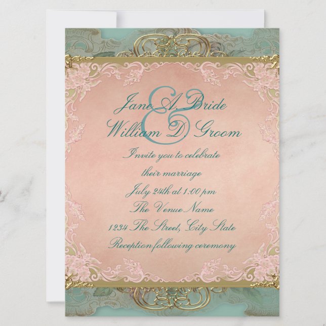 Convites Casamento Antigo Rosa Azul Turquesa e Dourado (Frente)