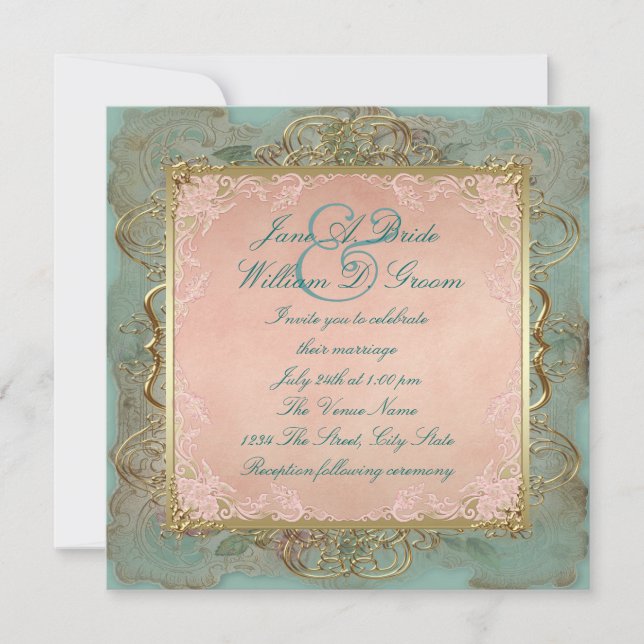 Convites Casamento Antigo Rosa Azul Turquesa e Dourado (Frente)