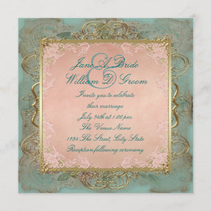 Convites Casamento Antigo Rosa Azul Turquesa e Dourado