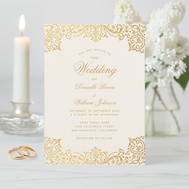 Convites Casamento Antigo Script Dourado Elegante Marfim An (Criador carregado)