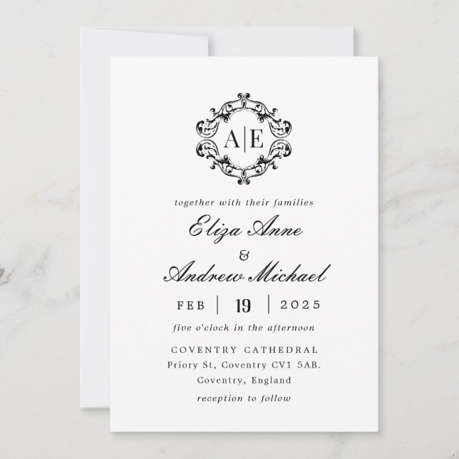 Convites Casamento Antiquado de Monograma de Crest Preto e  (Frente)
