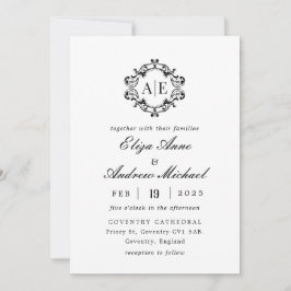 Convites Casamento Antiquado de Monograma de Crest Preto e