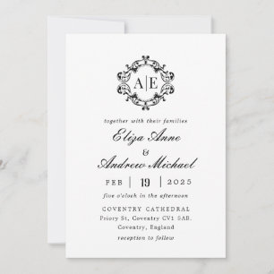 Convites Casamento Antiquado de Monograma de Crest Preto e 
