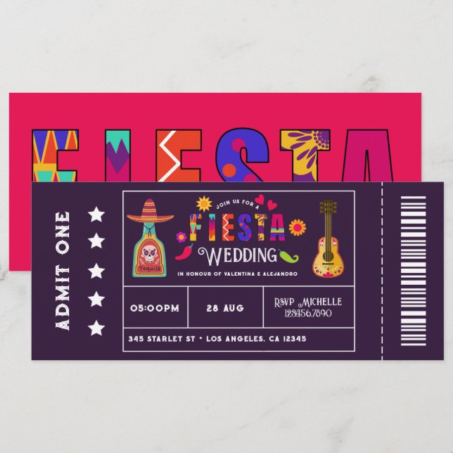 Convites Casamento ao Estilo de Bilhete de Festa Mexicana E (Frente/Verso)
