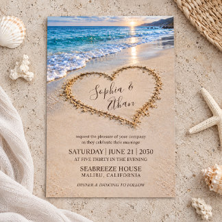 Convites Casamento ao Pôr do Sol com Coração na Areia no De