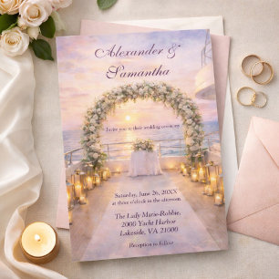 Convites Casamento ao pôr do sol com iate em aquarela