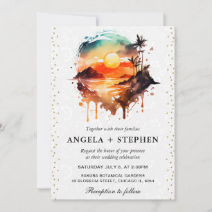 Convites Casamento ao pôr do sol em ilha tropical aquarela