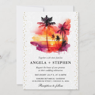 Convites Casamento ao pôr do sol em ilha tropical aquarela