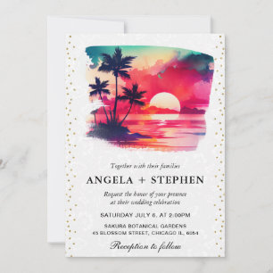 Convites Casamento ao pôr do sol em ilha tropical com aquar