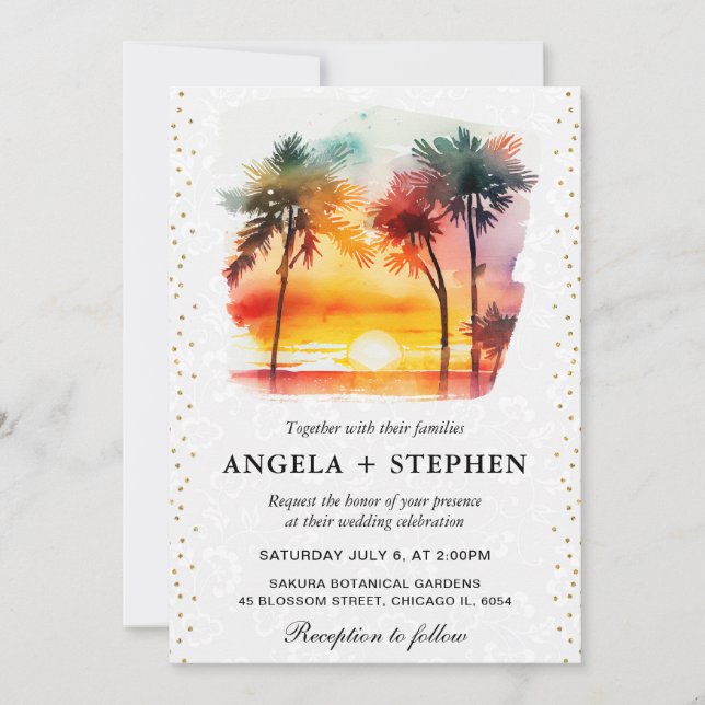Convites Casamento ao pôr do sol em ilha tropical com aquar (Frente)