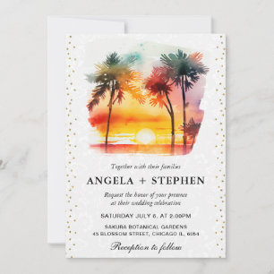 Convites Casamento ao pôr do sol em ilha tropical com aquar