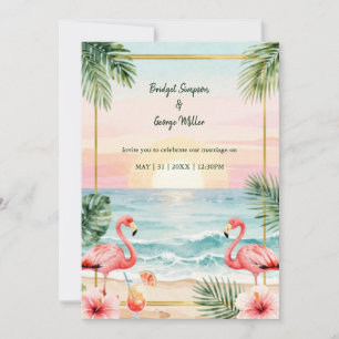 Convites Casamento ao pôr do sol flor tropical com flamingo