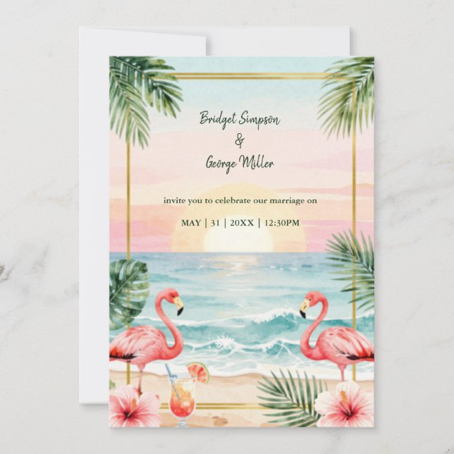 Convites Casamento ao pôr do sol flor tropical com flamingo (Frente)