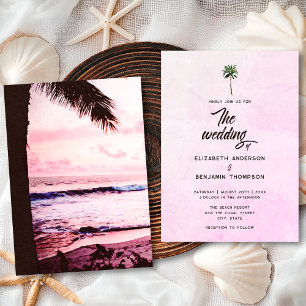 Convites Casamento ao pôr do sol na praia com palmeira rosa