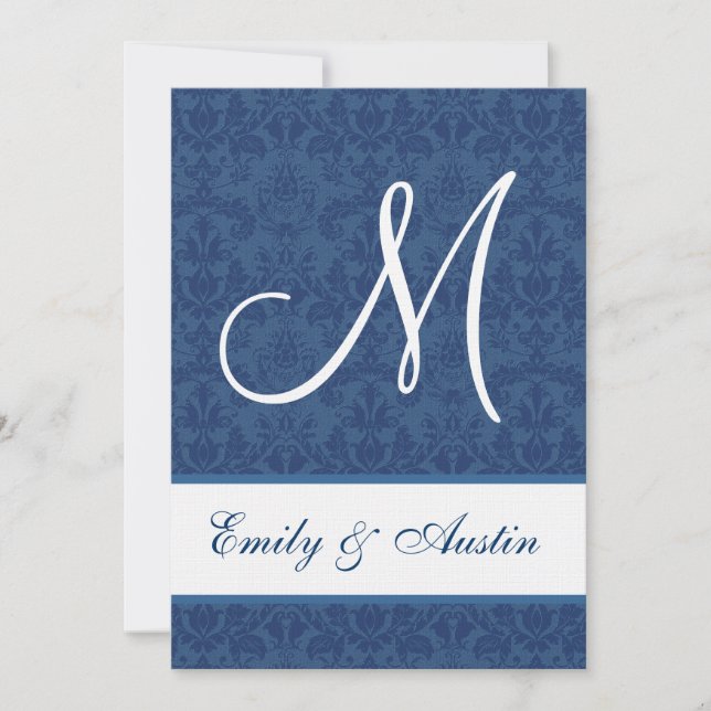 Convites Casamento ao quadrado Marinho Blue Damask A450 (Frente)