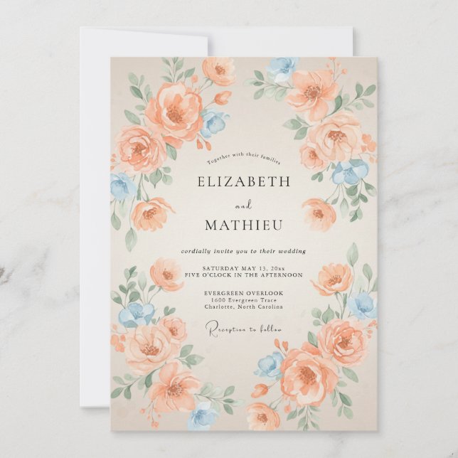 Convites Casamento Apricot Azure Ranunculus Muted Eucalyptu (Frente)