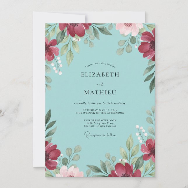 Convites Casamento Aqua Burgundy Papoula (Frente)