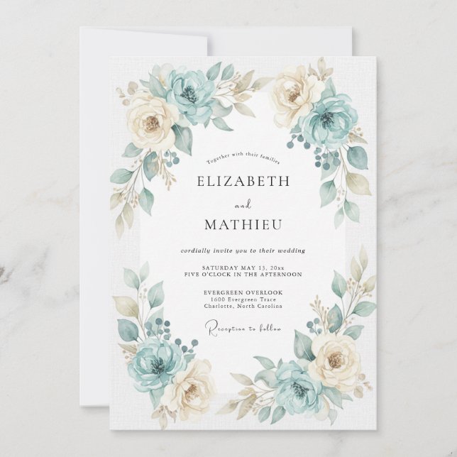 Convites Casamento Aqua Gold Ranunculus Eucalyptus (Frente)