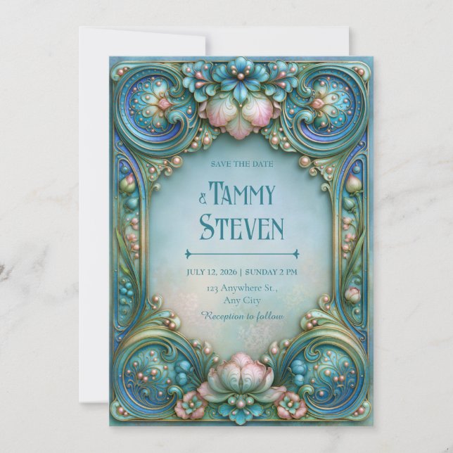 Convites Casamento Aqua Pérola Lótus (Frente)