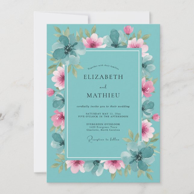 Convites Casamento Aqua Rosa Poeira Peônia (Frente)