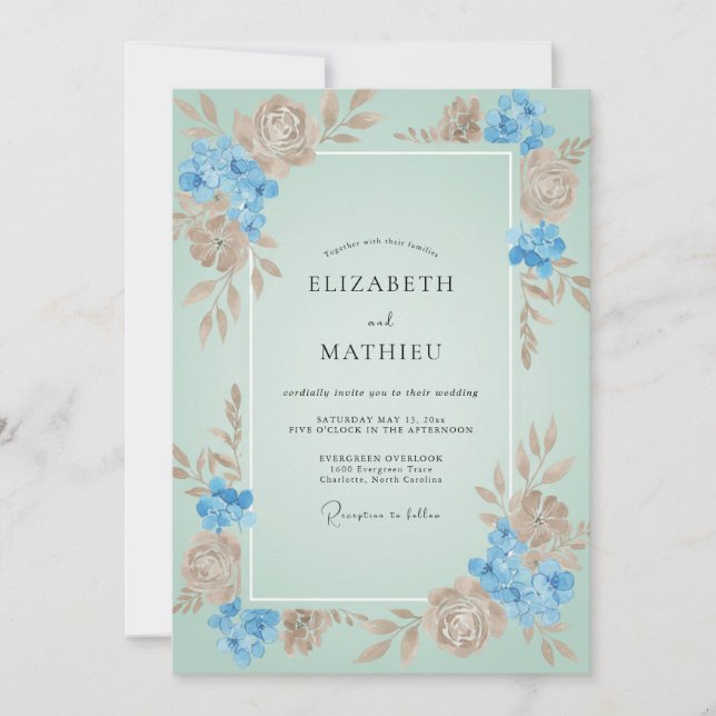 Convites Casamento Aqua Tan Blossom (Frente)