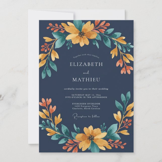 Convites Casamento Aquarela Âmbar Marinho (Frente)
