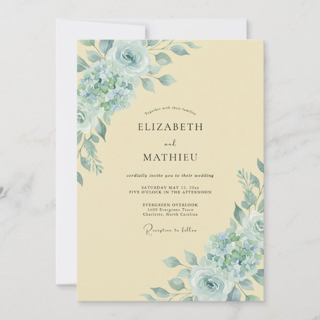 Convites Casamento Aquarela Aqua Cream (Frente)