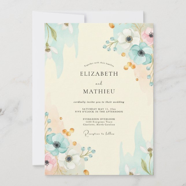 Convites Casamento Aquarela Aqua Gold (Frente)