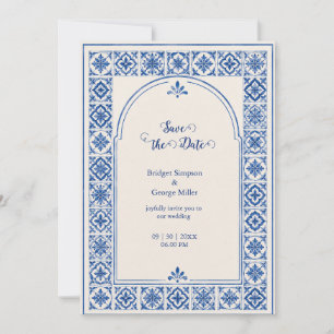 Convites Casamento Aquarela Arco de Azulejo Azul Mediterrân