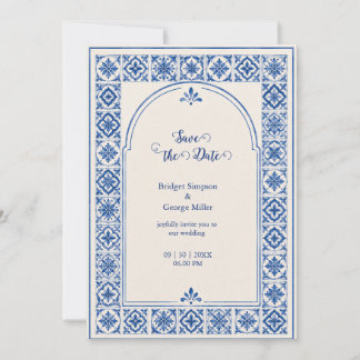 Convites Casamento Aquarela Arco de Azulejo Azul Mediterrân