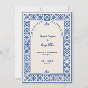 Convites Casamento Aquarela Arco de Azulejo Azul Mediterrân
