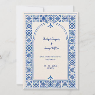 Convites Casamento Aquarela Arco de Azulejo Azul Mediterrân