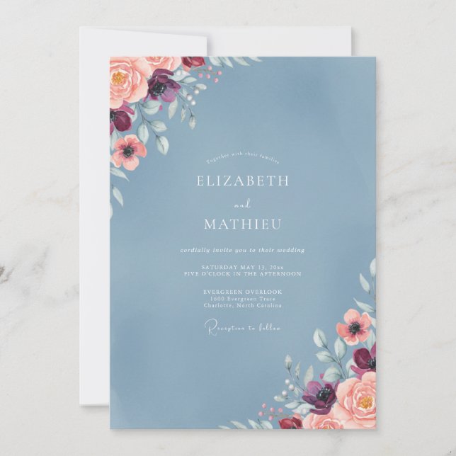 Convites Casamento Aquarela Azul Aço Ameixa (Frente)