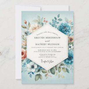Convites Casamento Aquarela Azul Ardósia e Pêssego