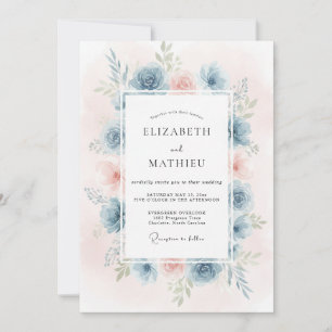 Convites Casamento Aquarela Azul Centáurea Rosa