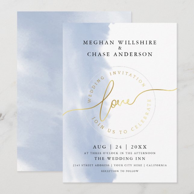 Convites CASAMENTO |  Aquarela Azul Empoeirado  (Frente/Verso)